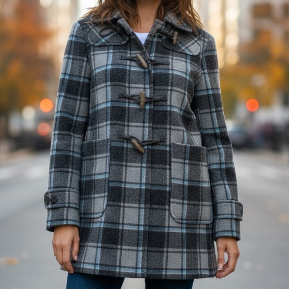 Womens Jacket Size Extra Small Blue Gray Plaid Knee Length Y2K Fall Academia
